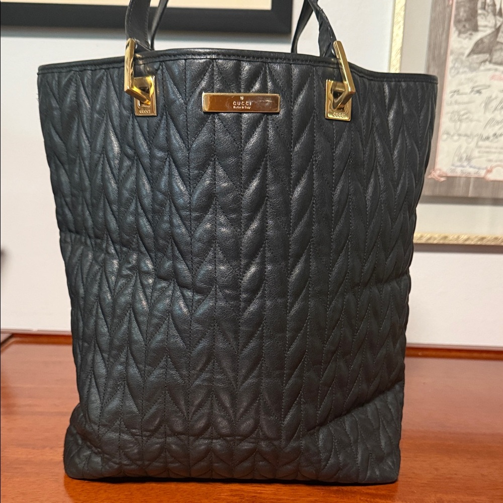 Authentic Black Gucci Quilted Leather Tote with Gold Hardware & GG wallet